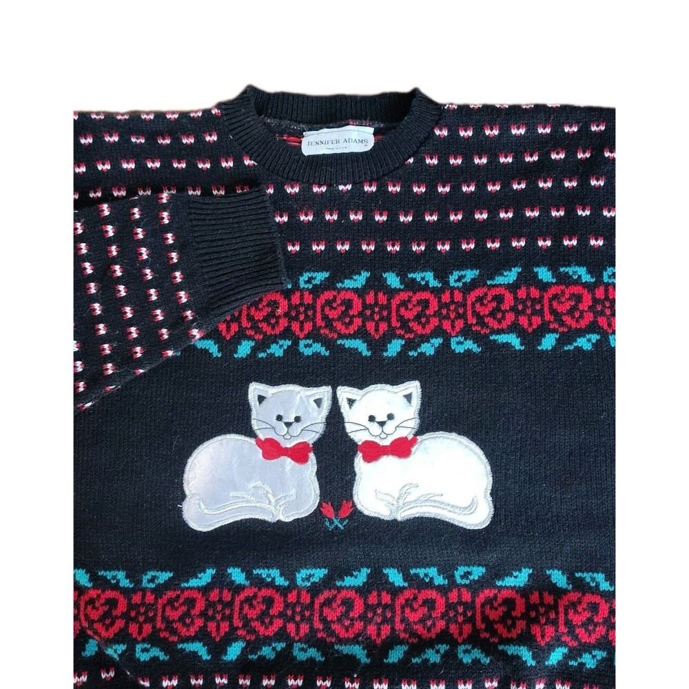 Vintage Jennifer Adam Womens Large Cat Sweater Floral USA Grandma Cottagecore